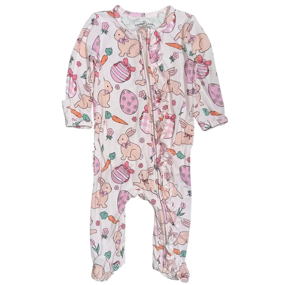 Caden Lane Hoppy Spring Easter Bunny Carrot Egg Ruffle Bamboo Zipper Footie 0-3M